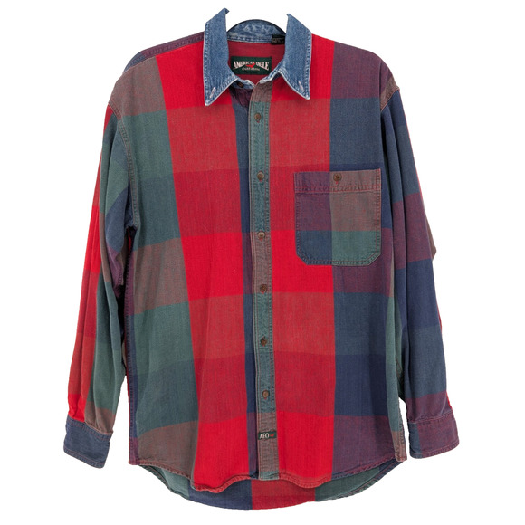 VTG 90s Mens American Eagle Colorblock Plaid Flannel Denim Collar Work Shirt SML - Picture 1 of 11